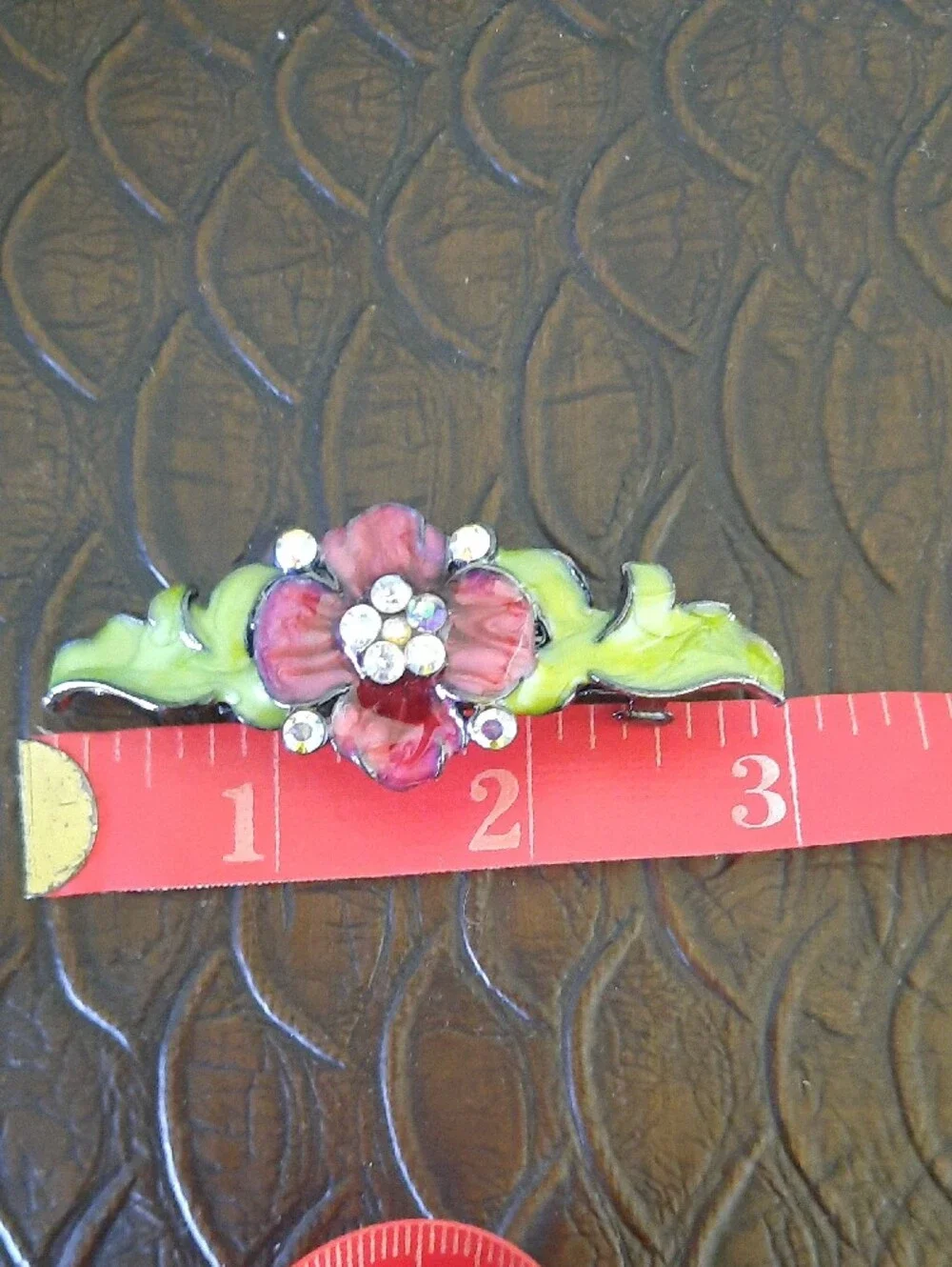 Pink Floral Rhinestone Decorative Barrettes with Green Leaves